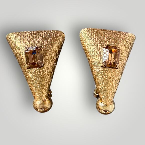Napier Jewelry - Vintage Napier Gold Tone Clip On Earrings Textured Cone  Rhinestone Signed